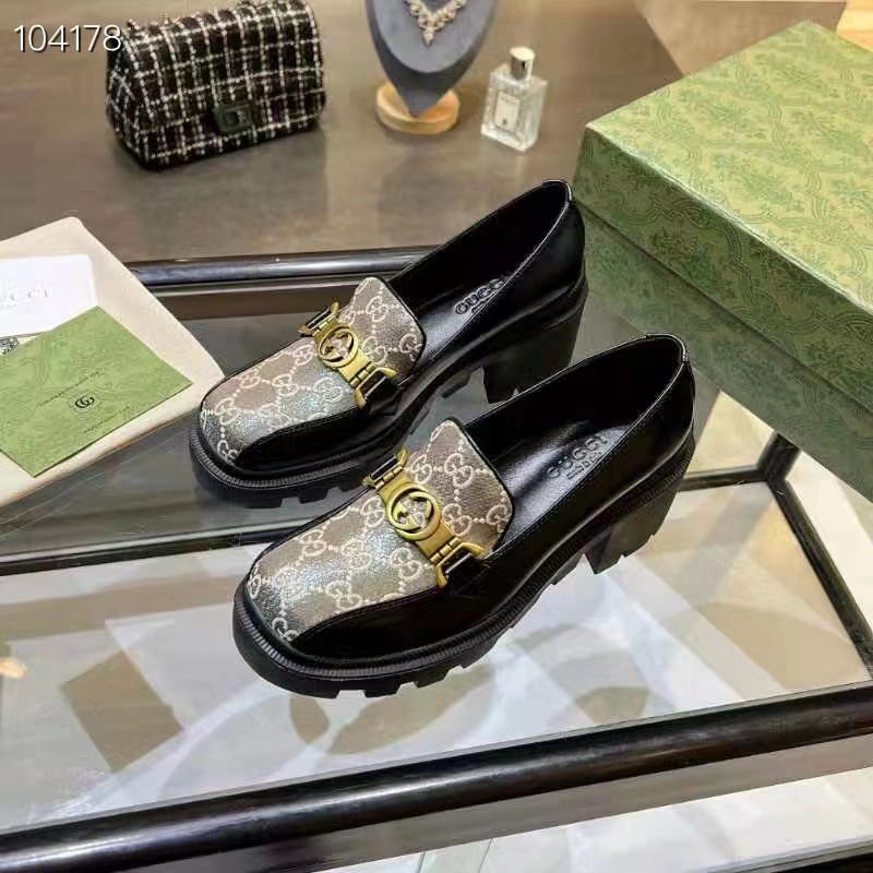 G*u*i women loafer interlocking g black leather beige ebony gg supreme canvas