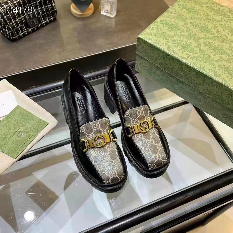 G*u*i women loafer interlocking g black leather beige ebony gg supreme canvas