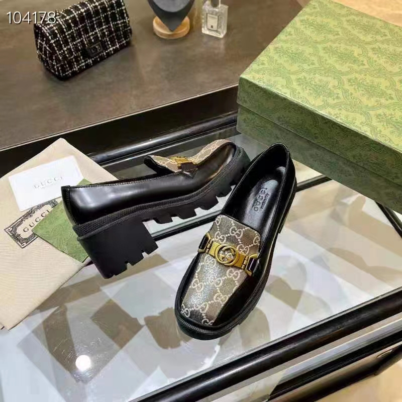 G*u*i women loafer interlocking g black leather beige ebony gg supreme canvas