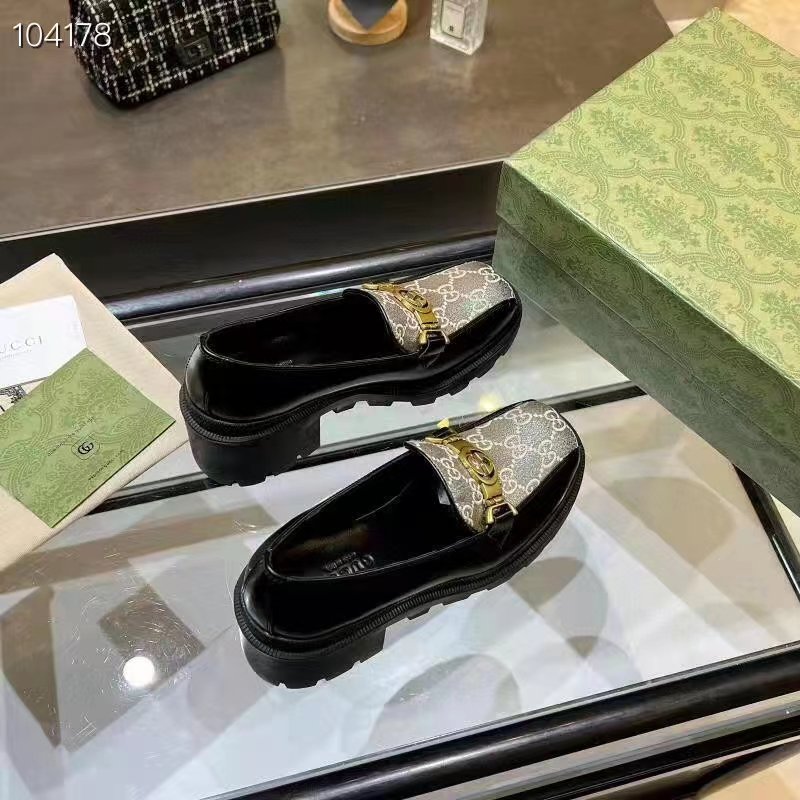 G*u*i women loafer interlocking g black leather beige ebony gg supreme canvas
