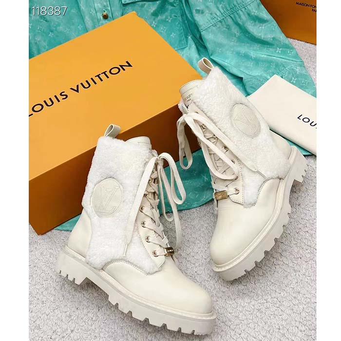 Louis Vuitton LV Women Territory Flat Ranger Ecru Beige Calf Leather Wool