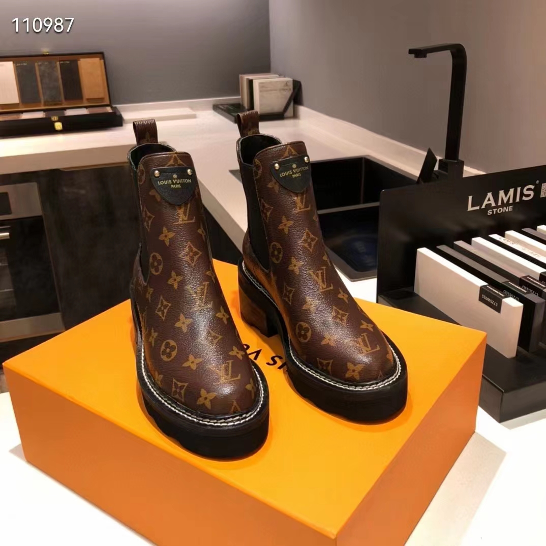 Louis Vuitton Women LV Ruby Flat Ankle Boot Cacao Brown Patent Monogram Canvas