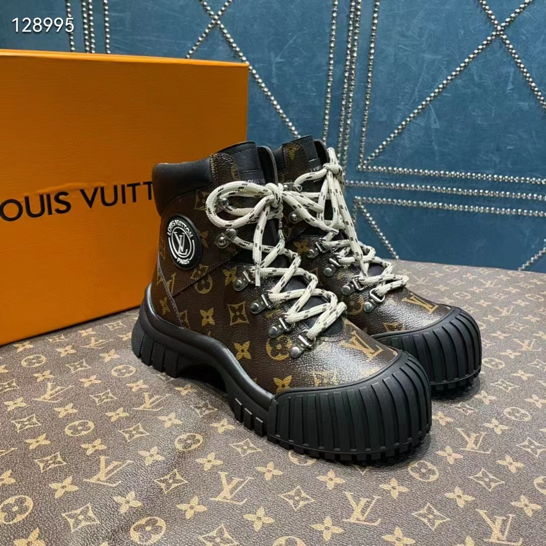 Louis Vuitton Women LV Ruby Flat Ranger Cacao Brown Patent Monogram Canvas Calf