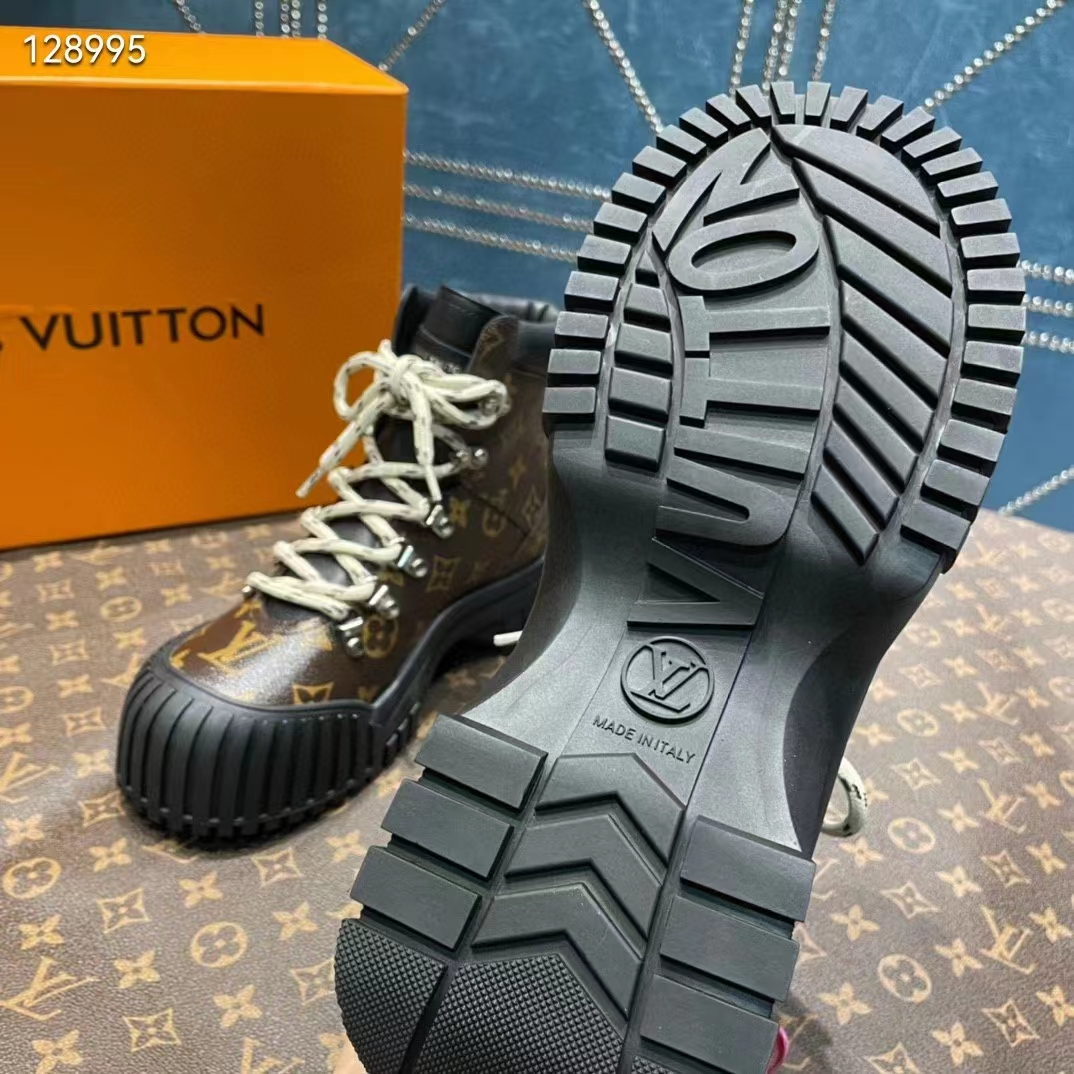 Louis Vuitton Women LV Ruby Flat Ranger Cacao Brown Patent Monogram Canvas Calf