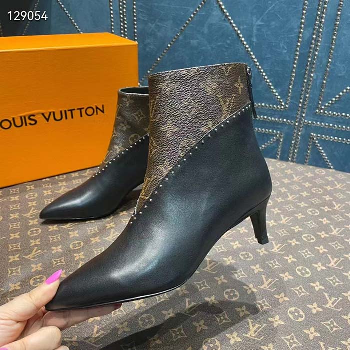 Louis Vuitton Women LV Signature Ankle Boot Black Calf Leather Patent Monogram Canvas