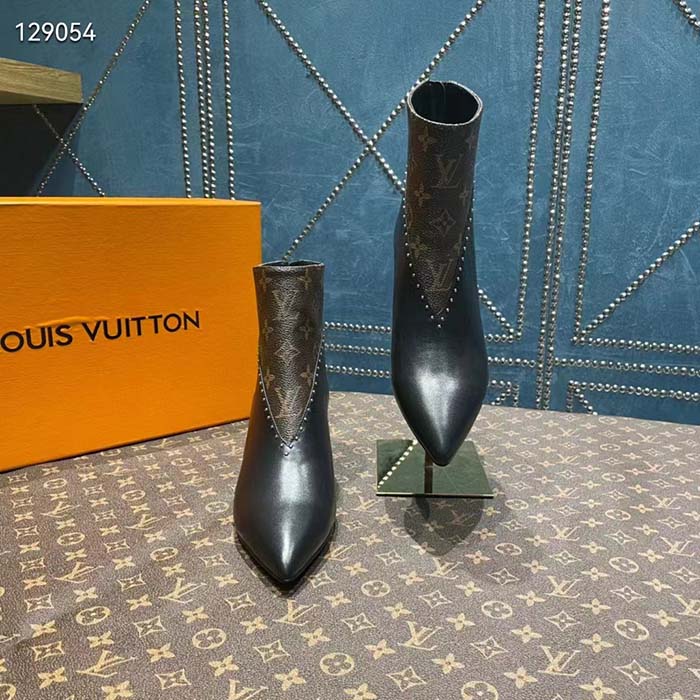 Louis Vuitton Women LV Signature Ankle Boot Black Calf Leather Patent Monogram Canvas
