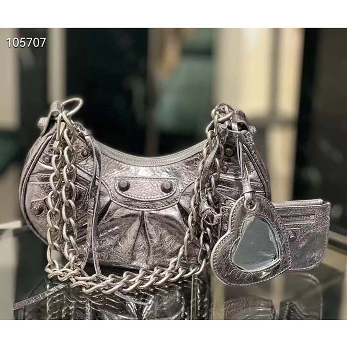 Balenciaga Women BB Le Cagole XS Shoulder Bag Silver Metallized Arena Lambskin
