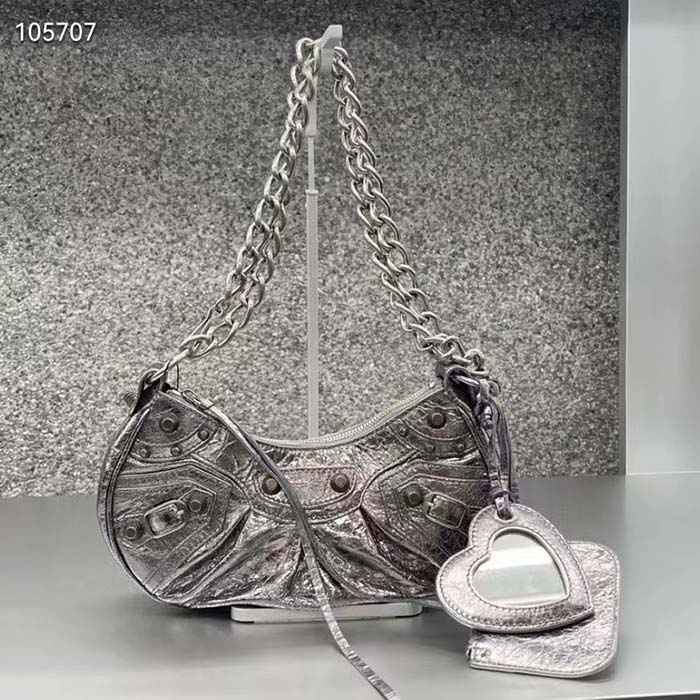 Balenciaga Women BB Le Cagole XS Shoulder Bag Silver Metallized Arena Lambskin