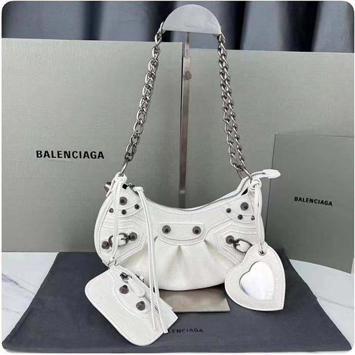 Balenciaga Women BB Le Cagole XS Shoulder Bag White Arena Lambskin