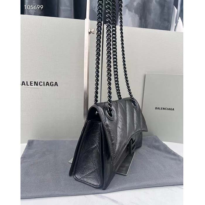 Balenciaga Women Crush Small Chain Bag Quilted Black Crushed Calfskin Black Matte Hardware