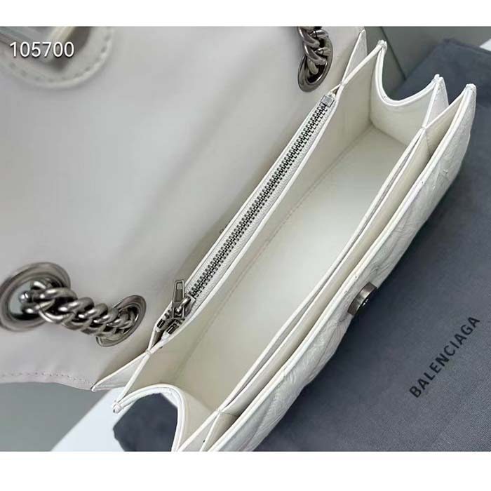 Balenciaga Women Crush Small Chain Bag Quilted White Crushed Calfskin Aged-Silver Hardware