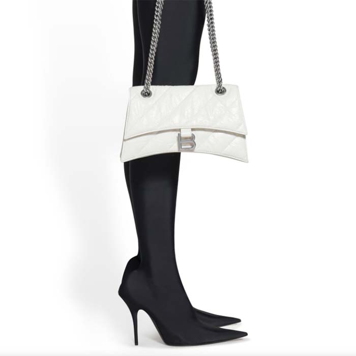 Balenciaga Women Crush Small Chain Bag Quilted White Crushed Calfskin Aged-Silver Hardware