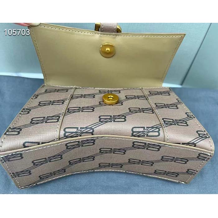 Balenciaga Women Hourglass XS Handbag Beige Brown BB Monogram Coated Canvas