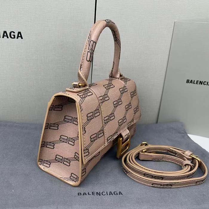 Balenciaga Women Hourglass XS Handbag Beige Brown BB Monogram Coated Canvas