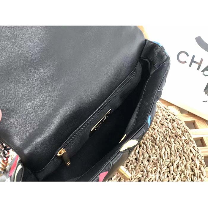 Chanel Women CC 19 Flap Bag Goatskin Gold Silver-Tone Metal Multicolor Black