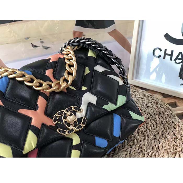 Chanel Women CC 19 Flap Bag Goatskin Gold Silver-Tone Metal Multicolor Black