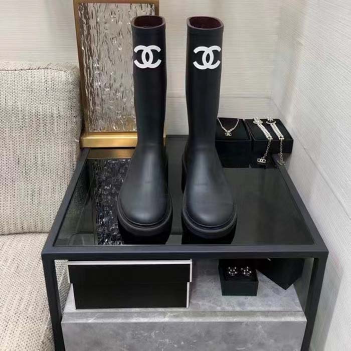 Chanel Women CC High Boots Caoutchouc Leather Black