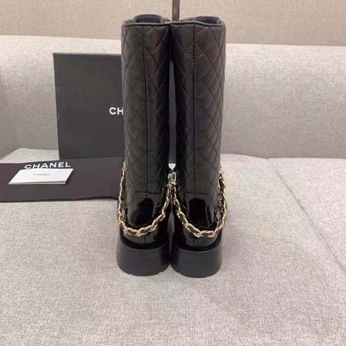 Chanel Women CC Lace-Ups Boots Lambskin & Grained Calfskin Black 4 Cm Heel