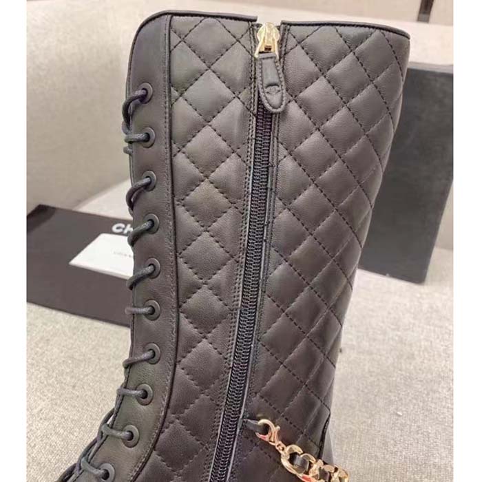 Chanel Women CC Lace-Ups Boots Lambskin & Grained Calfskin Black 4 Cm Heel