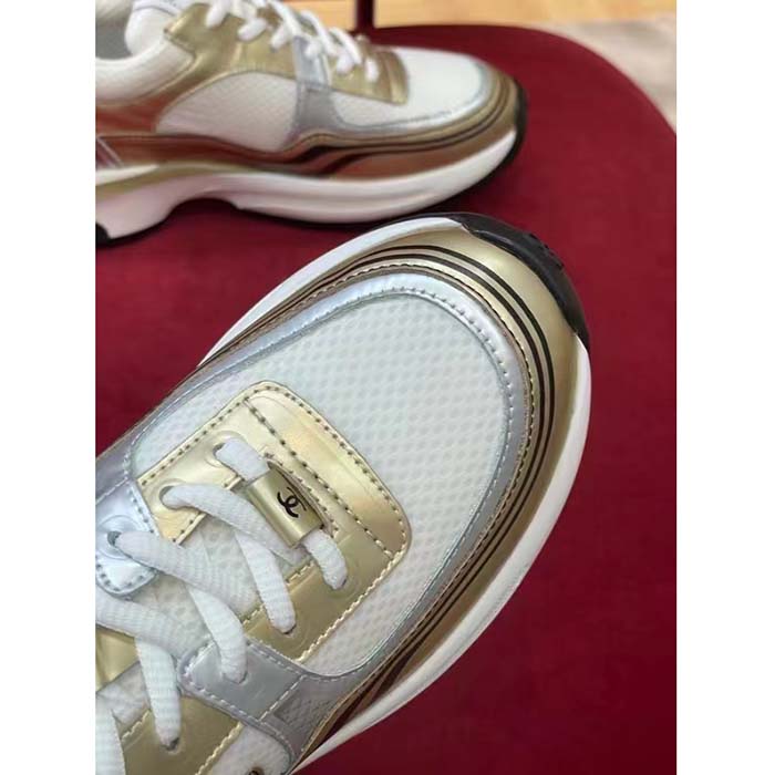 Chanel Women CC Sneakers Fabric Laminated White Gold Silver 1 Cm Heel