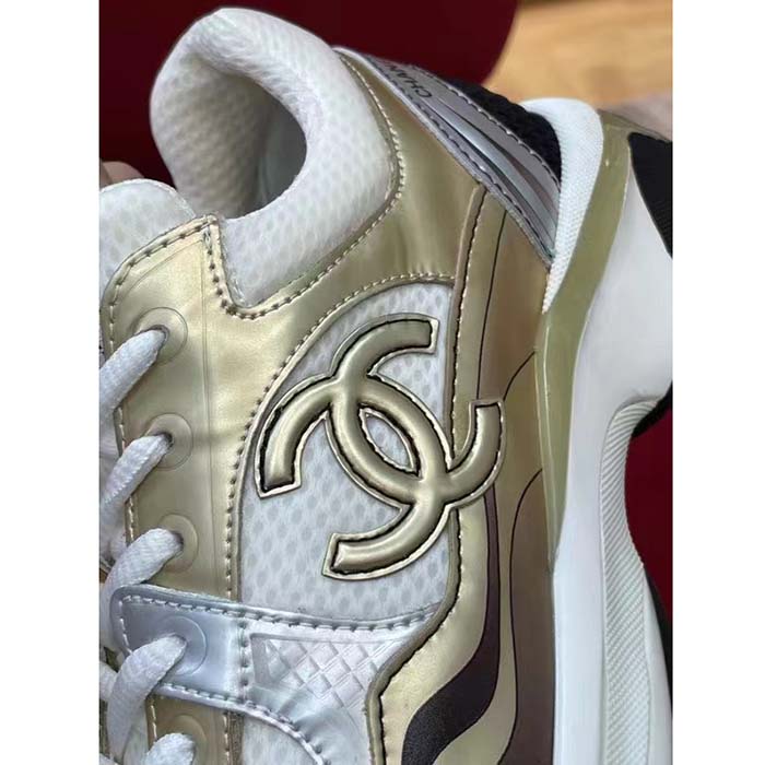 Chanel Women CC Sneakers Fabric Laminated White Gold Silver 1 Cm Heel