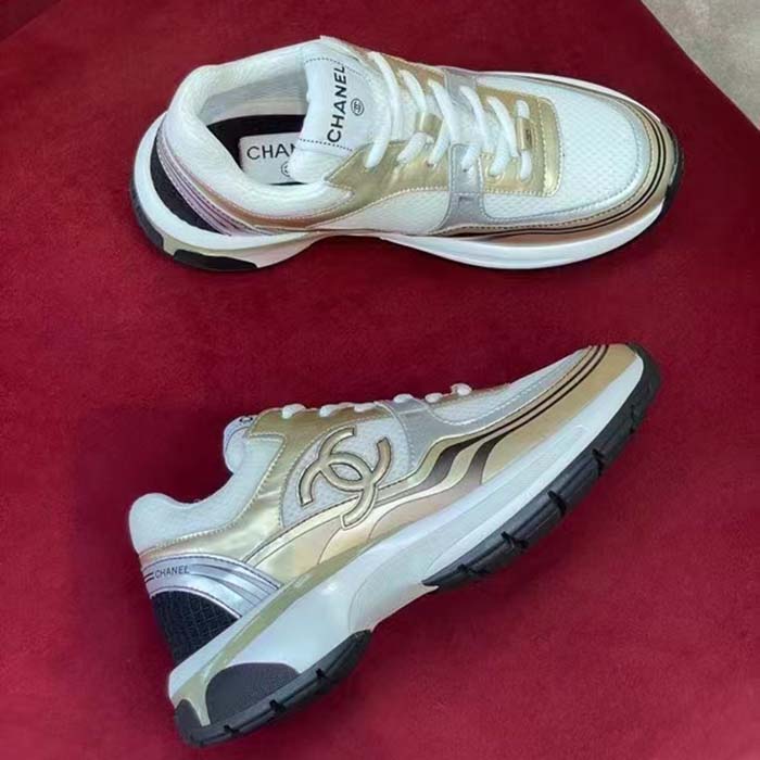 Chanel Women CC Sneakers Fabric Laminated White Gold Silver 1 Cm Heel