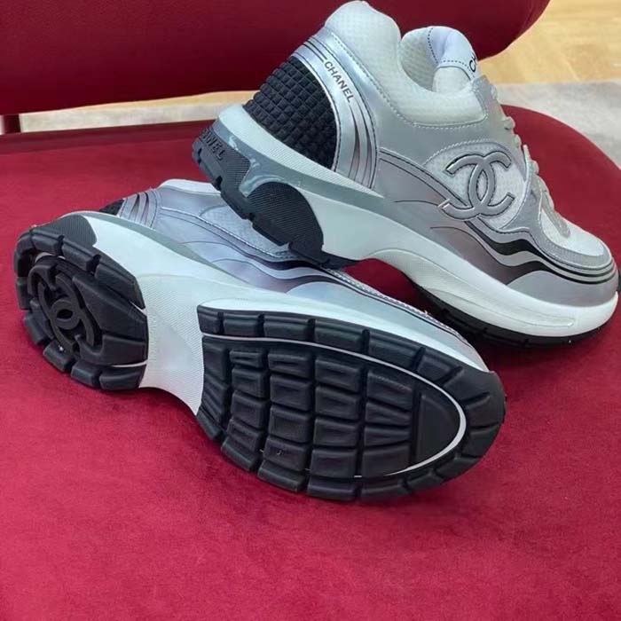 Chanel Women CC Sneakers Fabric Laminated White Silver 1 Cm Heel
