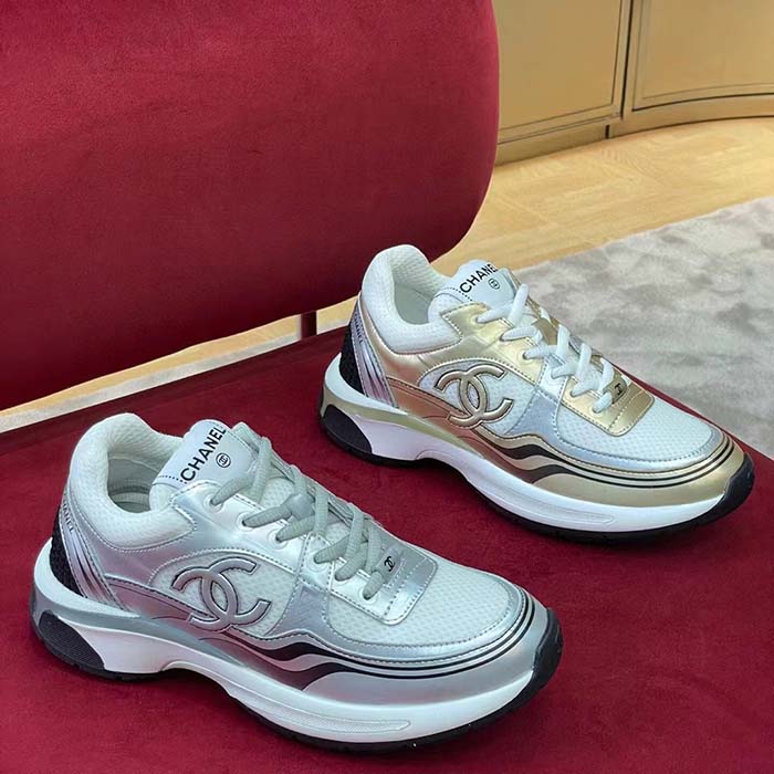 Chanel Women CC Sneakers Fabric Laminated White Silver 1 Cm Heel
