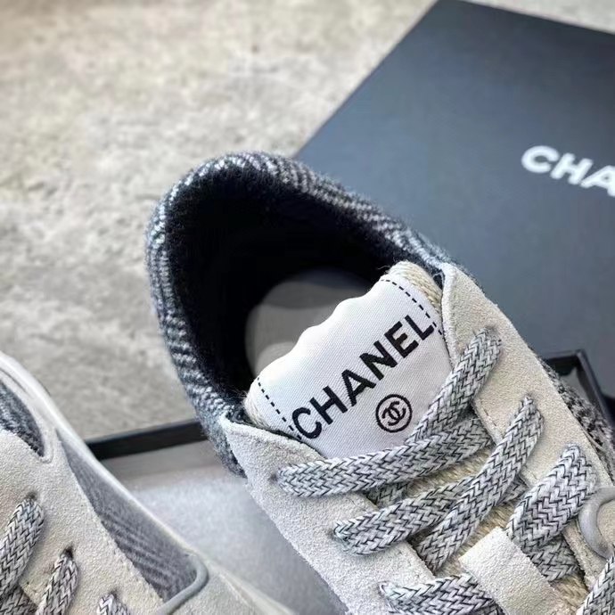 Chanel Women CC Sneakers Fabric & Suede Calfskin Ivory Light Gray & White 1 Cm Heel