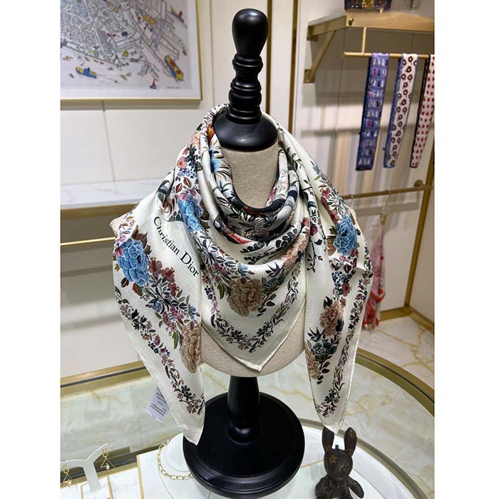 Dior CD Women Jardin D’Hiver 90 Square Scarf White Multicolor Silk Twill