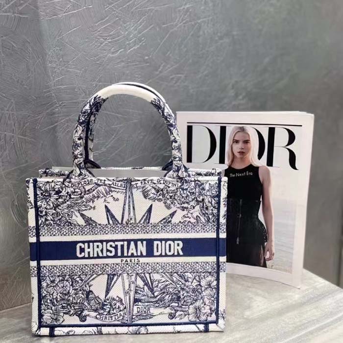 Dior Unisex CD Medium Book Tote White Blue Rêve D’Infini Embroidery