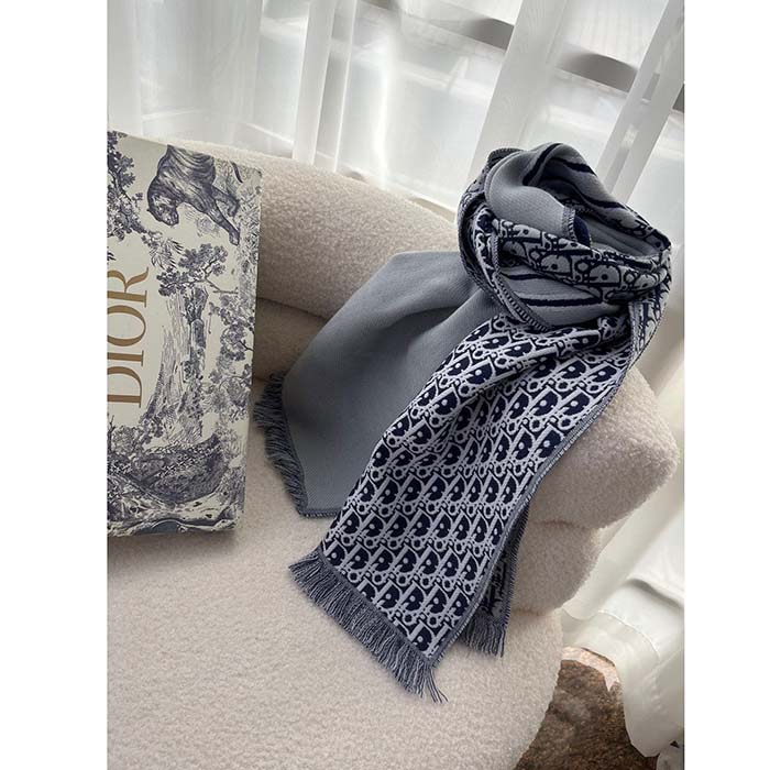 Dior Unisex CD Oblique Scarf Black Gray Wool Fringed Edging Wool