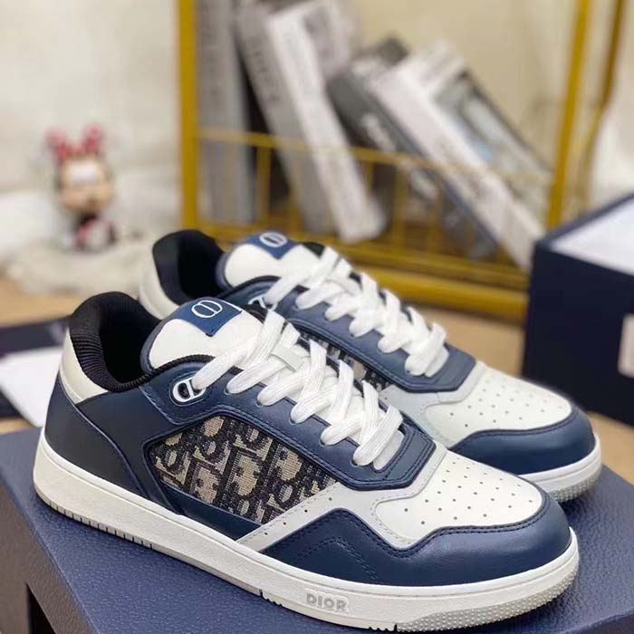 Dior Unisex Shoes CD B27 Low-Top Sneaker Blue Cream Gray Smooth Calfskin Oblique Jacquard