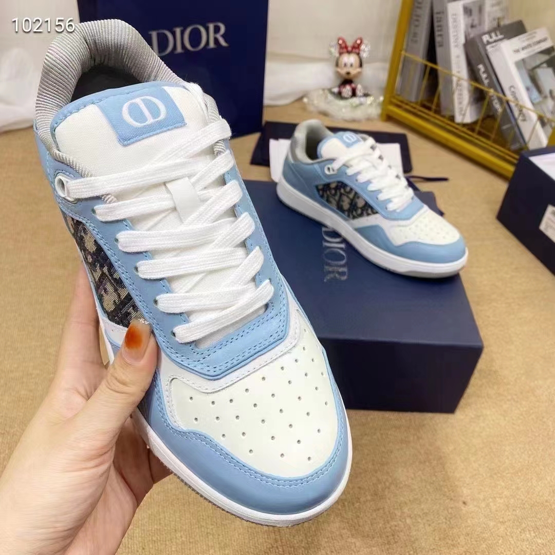 Dior Unisex Shoes CD B27 Low-Top Sneaker Light Blue White Gray Smooth Calfskin Oblique Jacquard