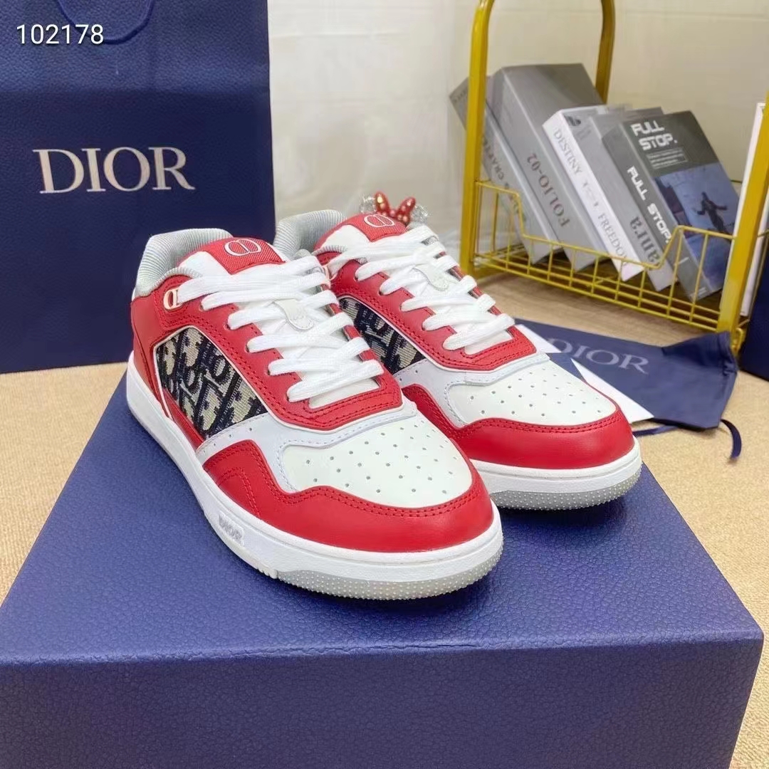 Dior Unisex Shoes CD B27 Low-Top Sneaker Red Gray White Smooth Calfskin Oblique Jacquard