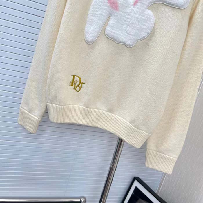 Dior Women CD By Erl Sweater Rabbit Patch Beige Cotton-Blend Jersey Round Neck