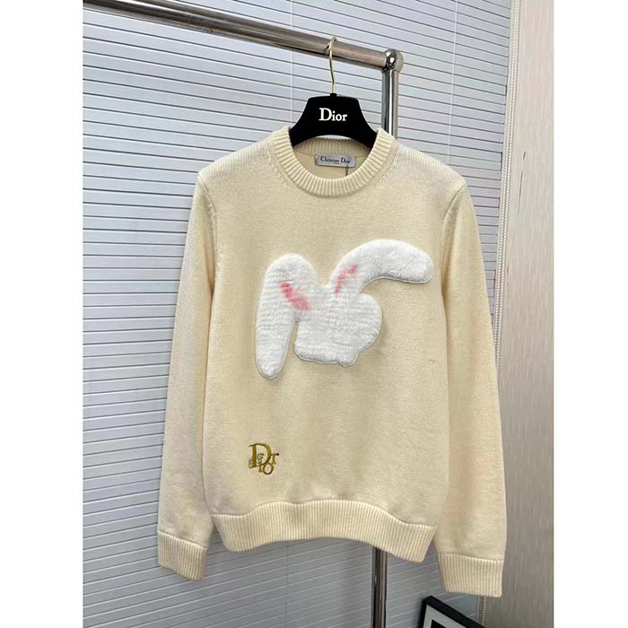 Dior Women CD By Erl Sweater Rabbit Patch Beige Cotton-Blend Jersey Round Neck
