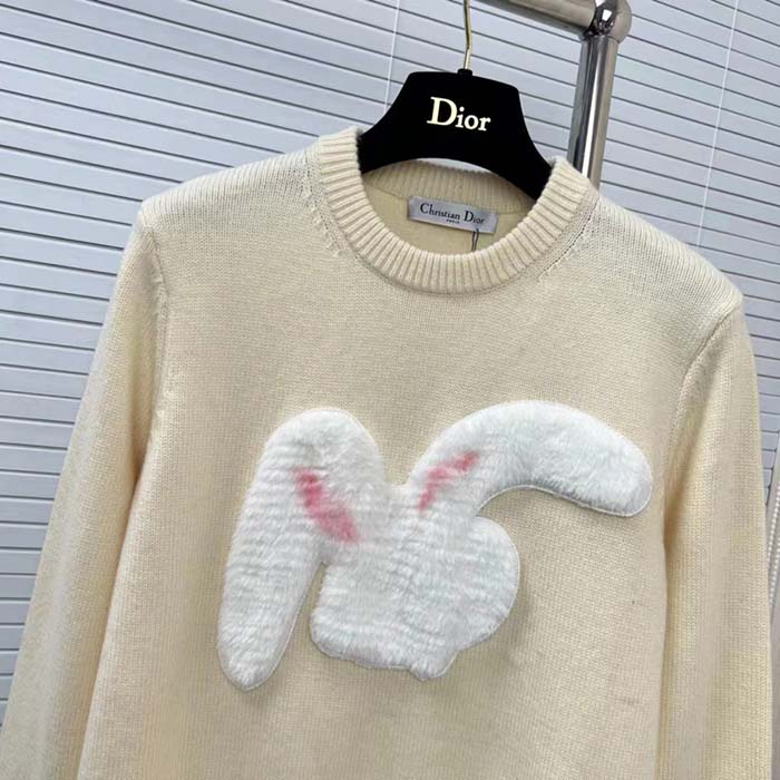 Dior Women CD By Erl Sweater Rabbit Patch Beige Cotton-Blend Jersey Round Neck