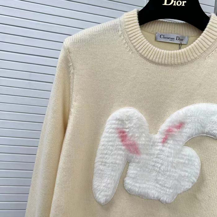 Dior Women CD By Erl Sweater Rabbit Patch Beige Cotton-Blend Jersey Round Neck