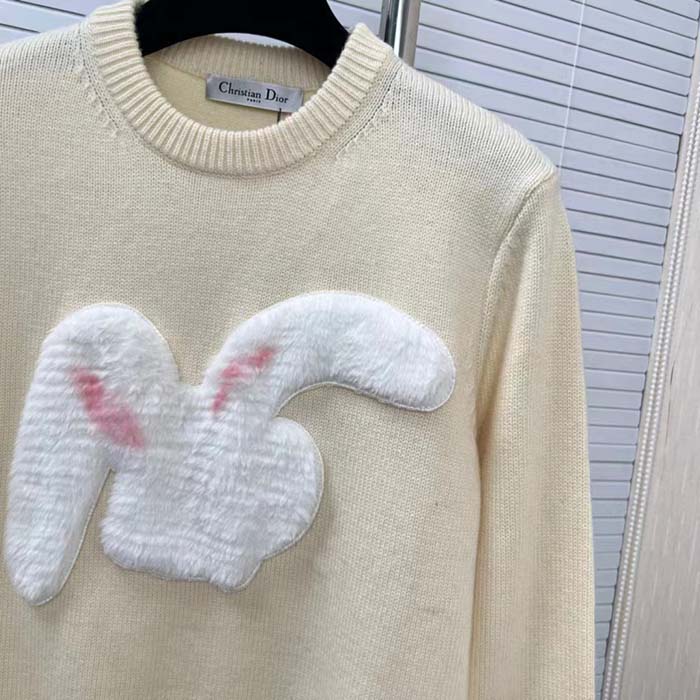 Dior Women CD By Erl Sweater Rabbit Patch Beige Cotton-Blend Jersey Round Neck