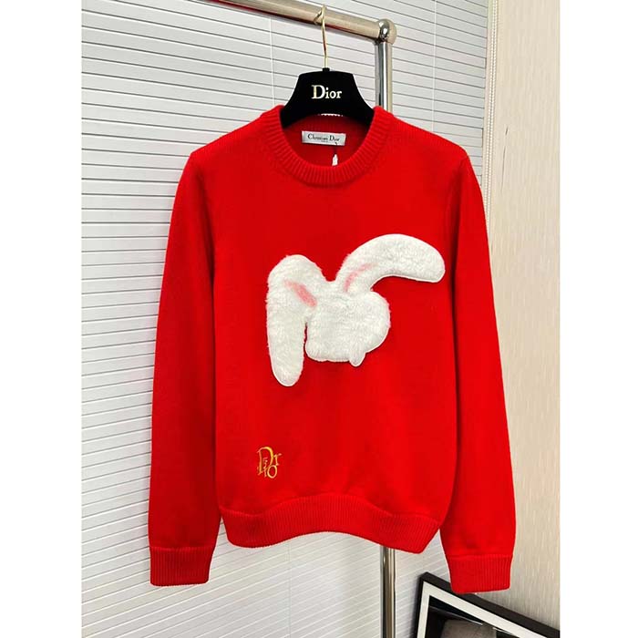 Dior Men CD By Erl Sweater Rabbit Patch Red Cotton-Blend Jersey Round Neck