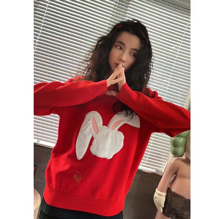 Dior Women CD By Erl Sweater Rabbit Patch Red Cotton-Blend Jersey Round Neck