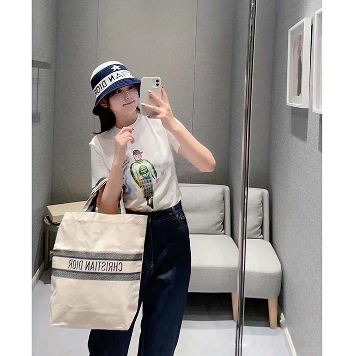 Dior Women CD ‘C’est Non Non Non Et Non’ T-Shirt Ecru Cotton Jersey Linen