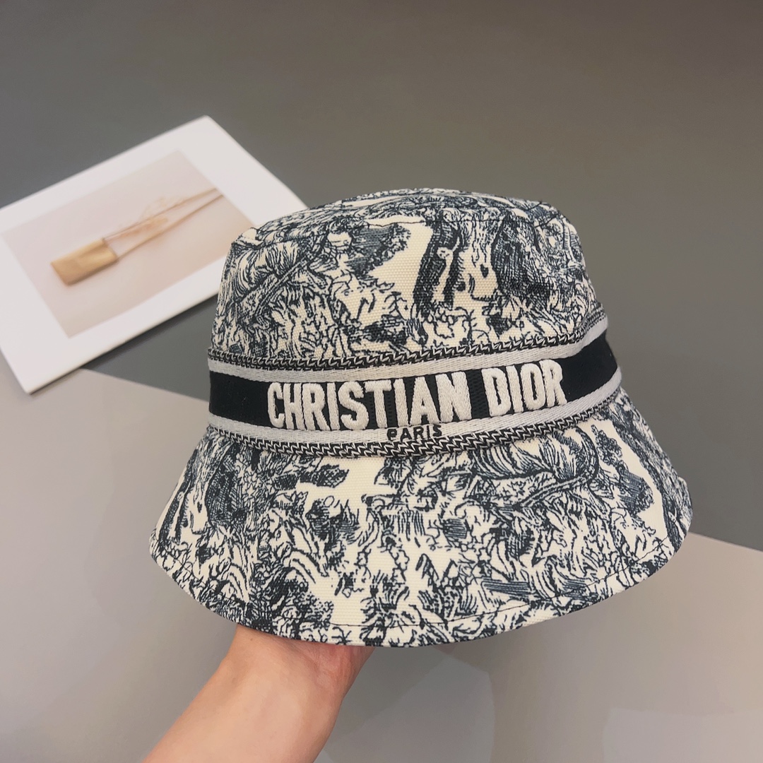Dior Women CD D-Bobby Small Brim Bucket Hat White Blue Cotton Blend