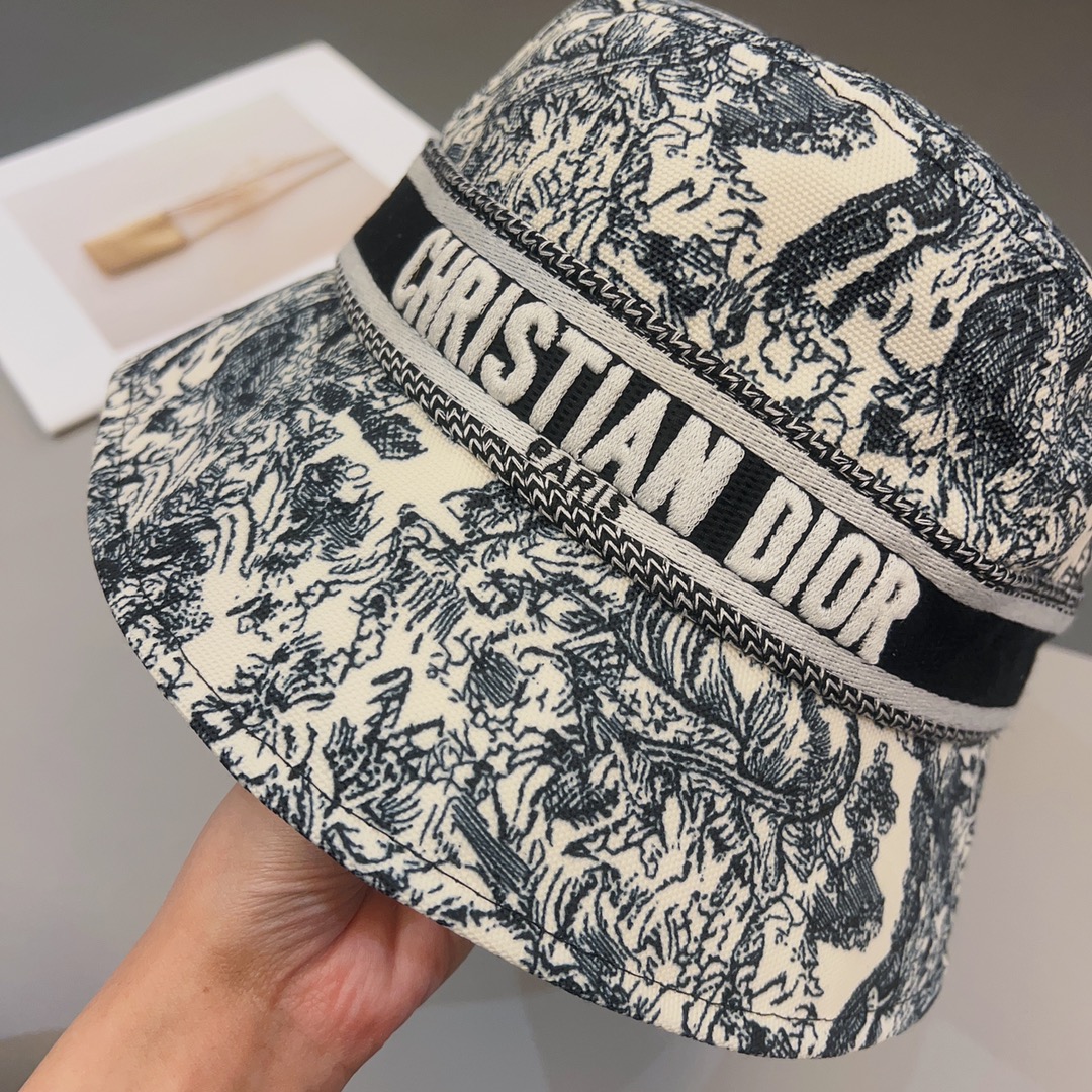 Dior Women CD D-Bobby Small Brim Bucket Hat White Blue Cotton Blend
