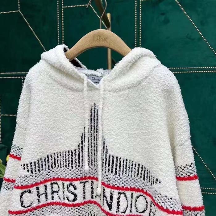 Dior Women CD DiorAlps Hooded Sweater Ecru Technical Wool Textured Knit Star