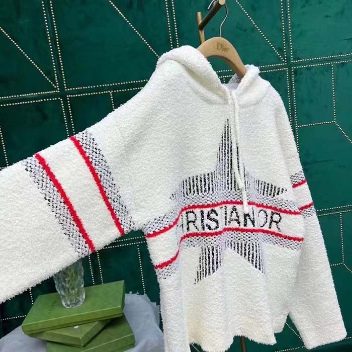 Dior Women CD DiorAlps Hooded Sweater Ecru Technical Wool Textured Knit Star