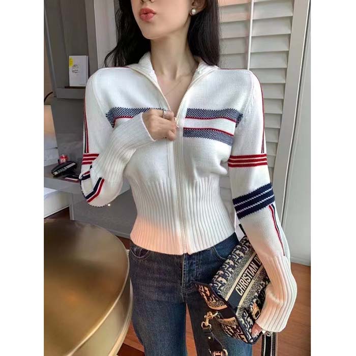 Dior Women CD DiorAlps Short High-Collar Cardigan White Three-Tone Wool Cashmere Knit