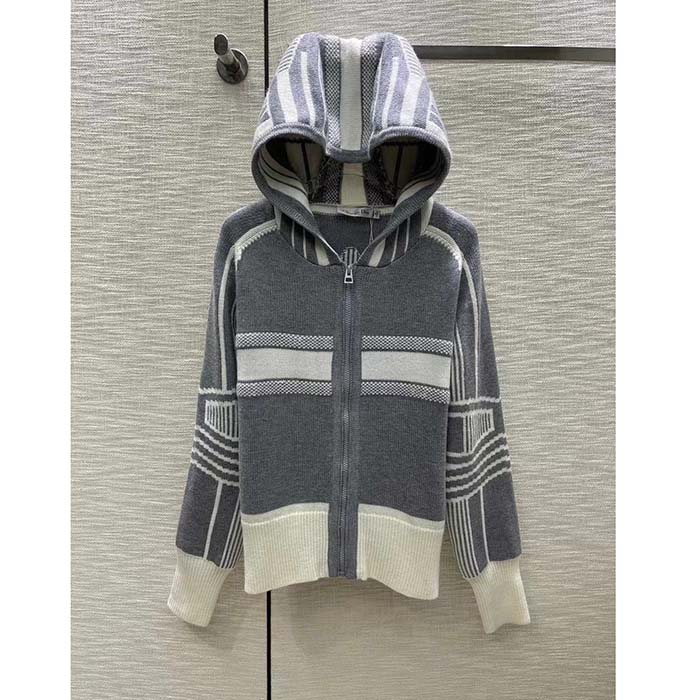 Dior Men CD DiorAlps Zipped Cardigan Hood Gray White Wool Cashmere Knit