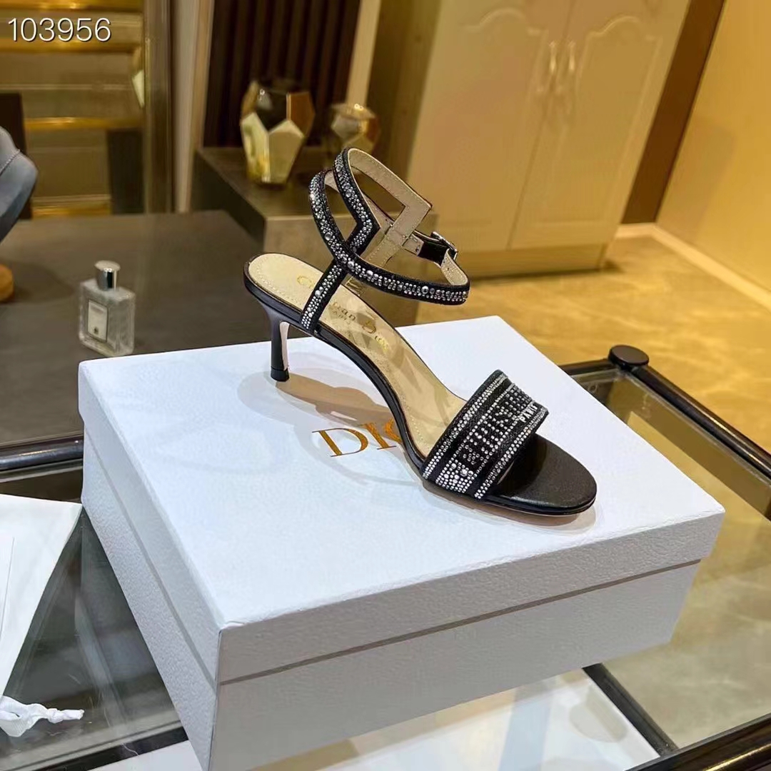 Dior Women CD Dway Heeled Sandal Black Cotton Embroidered Thread Silver-Tone Strass